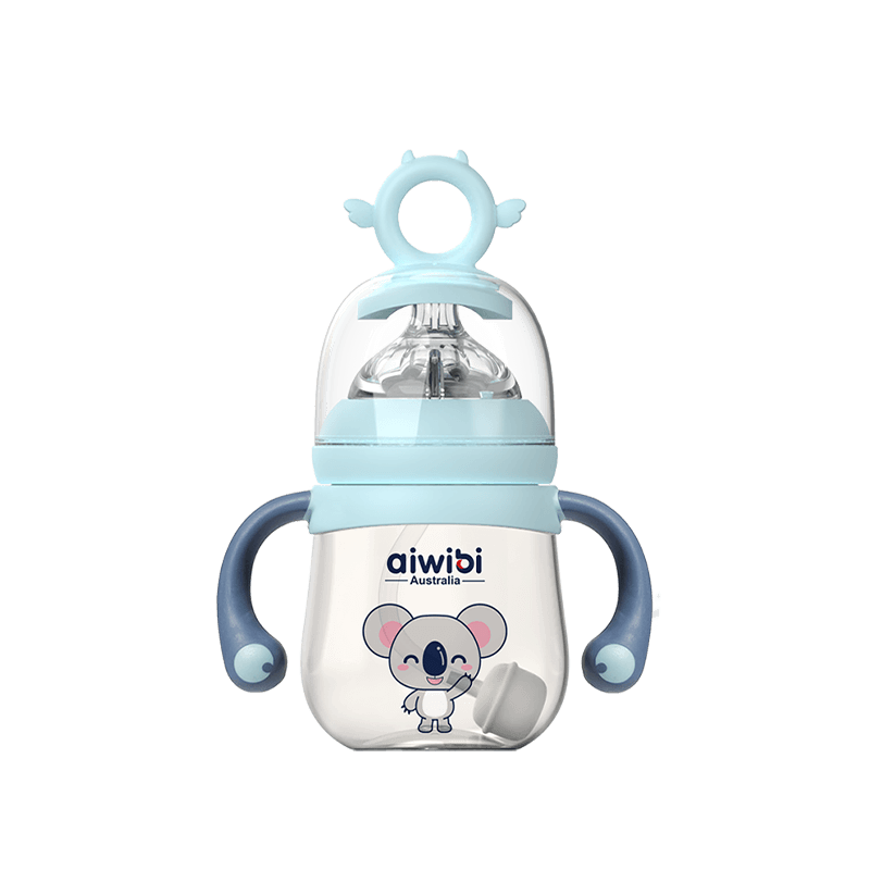 A blue Aiwibi PPSU baby milk bottle with a koala design, equipped with handles and measurement markings.
